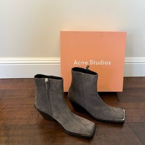 Acne Gray Suede Square-Toe Ankle Booties with Metal Toe Accent